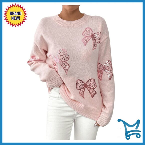 Sweaters - Sequin Bow Sweater Drop Shoulder Pullover Knit Top Loose Fit